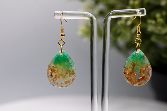 Green and Gold teardrop resin earrings