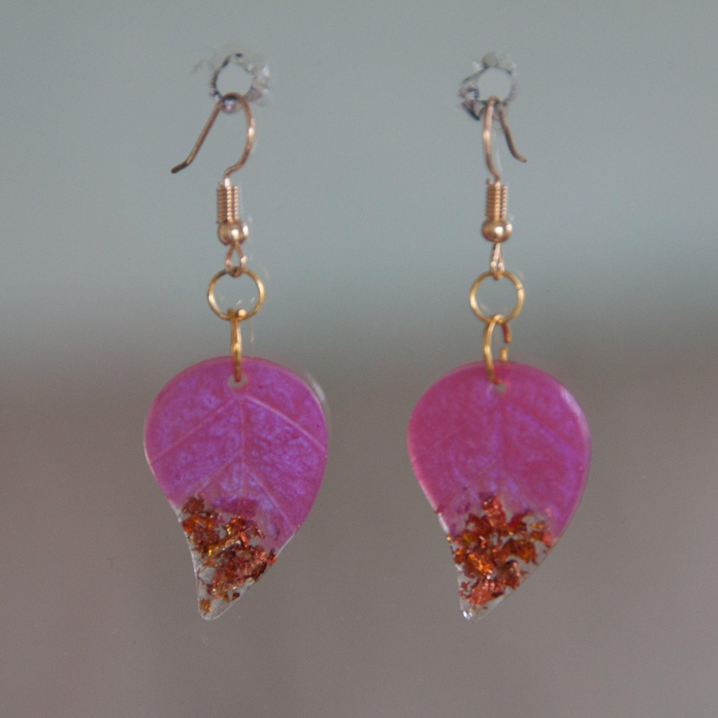 Pink and Gold Leaf Resin Earrings