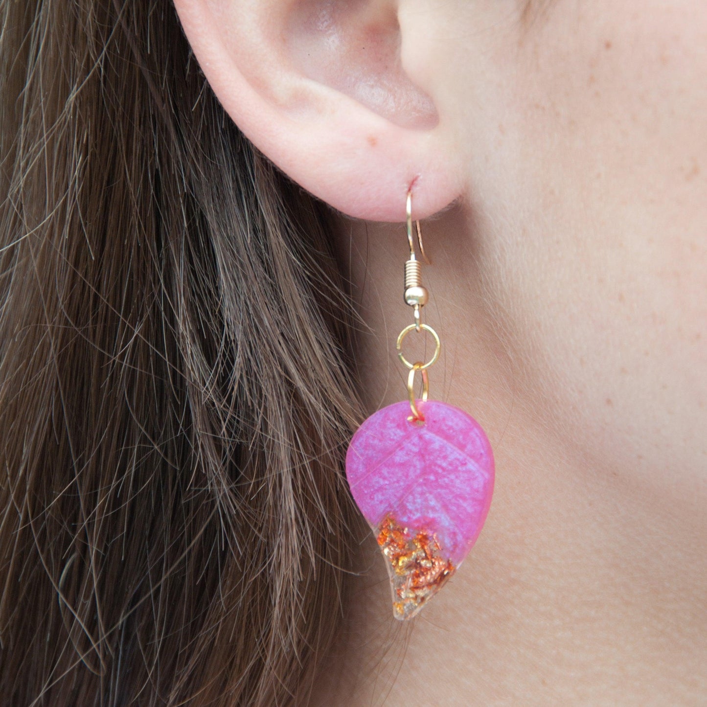 Pink and Gold Leaf Resin Earrings