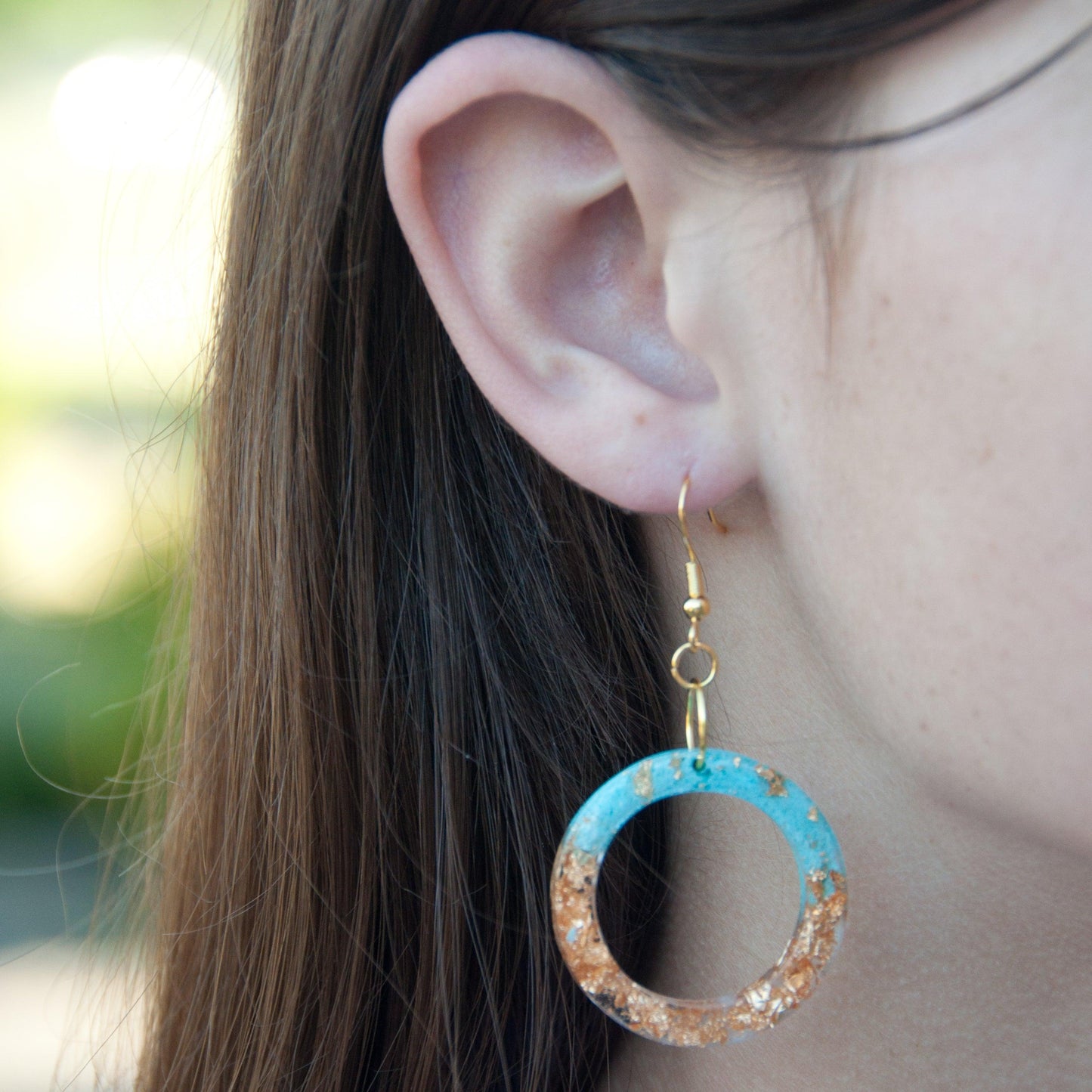 Turquoise and Gold-leaf Open Circle Earrings